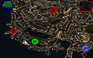 NeoHunter (DOS) screenshot: Zoom in and choose your destination - red indicates action sequences
