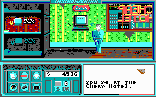 Neuromancer (DOS) screenshot: Standing in the Cheap Hotel