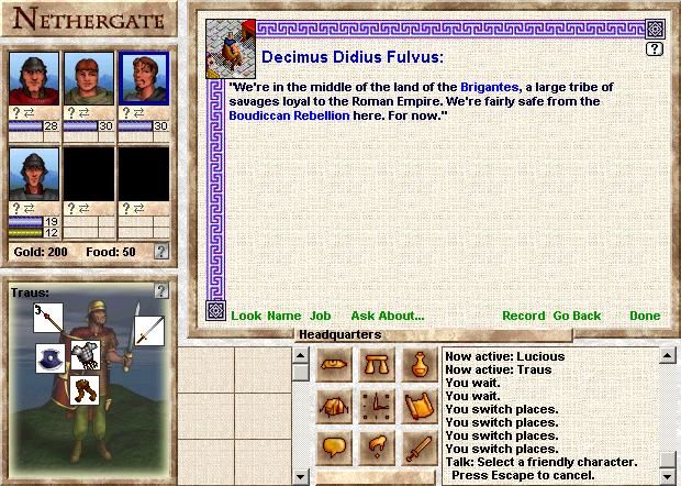 Nethergate (Windows) screenshot: Talking to a Roman commander.