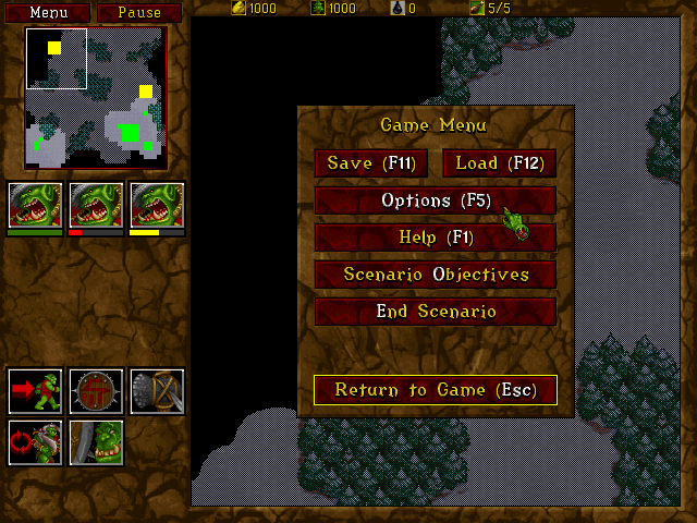 WarCraft II: Battle Chest (Windows) screenshot: In-game menu.