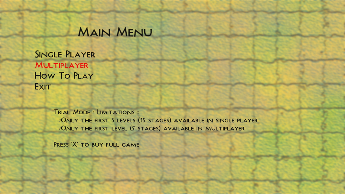 Temple Topper (Xbox 360) screenshot: Main menu (Trial version)