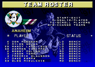 NHL 97 (Genesis) screenshot: Team roster