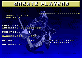 NHL 97 (Genesis) screenshot: Create player