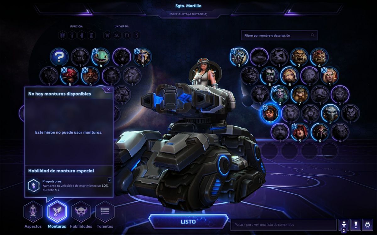 Heroes of the Storm (Windows) screenshot: Some heroes, like Sargent Hammer, do not have mounts. In this case, she can use rockets to accelerate for 4 seconds (Spanish version).