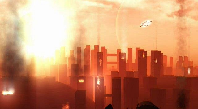 Nick Naster's eXtinction (Windows) screenshot: The shuttle is approching the city, where the vaccine is assumed to be