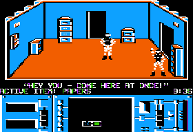 Infiltrator II (Apple II) screenshot: Time to pull out your fake papers... Or a gas grenade.