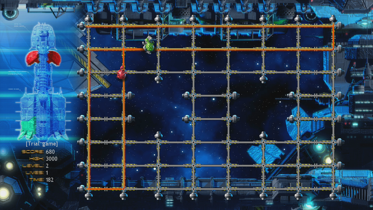 Ubergridder (Xbox 360) screenshot: Later levels feature more monsters and incomplete grids (Trial version)