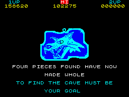 Sabre Wulf (ZX Spectrum) screenshot: All of the 4 quarters were found. The amulet was completed. It's a Wulf's selfie.