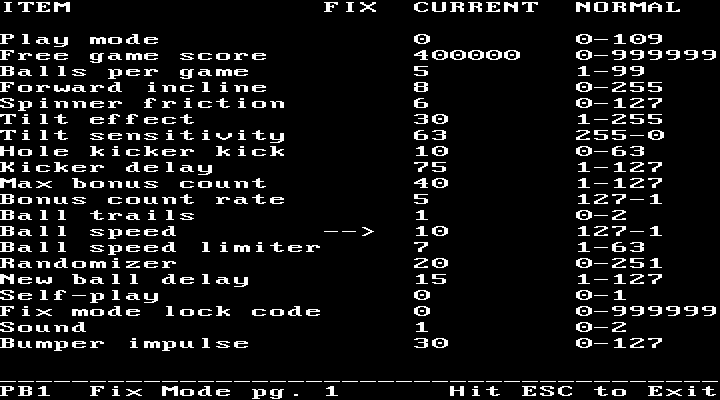Night Mission Pinball (v3.0) (DOS) screenshot: Tweaking the settings
