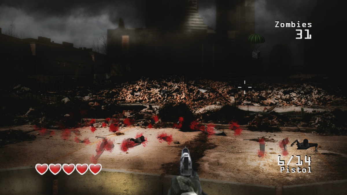 Zombie Invasion (Xbox 360) screenshot: Shooting the crate rewards ammo (Trial version)