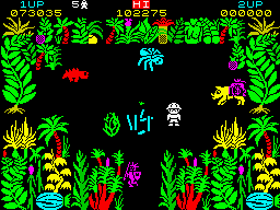 Sabre Wulf (ZX Spectrum) screenshot: A warthog, a fire, a pygmy stegosaurus, Sabreman, a native, a bag of money... ZZzzz
