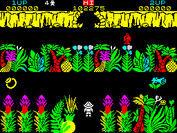 Sabre Wulf (ZX Spectrum) screenshot: This is the adjacent screen to the one where you start the game. Flowers or whatever these weird things may be, are your best allies. The Cyanese, the best: Speed and invulnerability.
