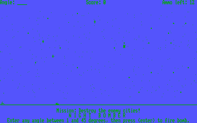 Night Bomber (DOS) screenshot: Enter any angle between 1 and 45 degrees and fire a bomb.