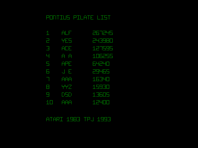 Gravitar (DOS) screenshot: The high score table