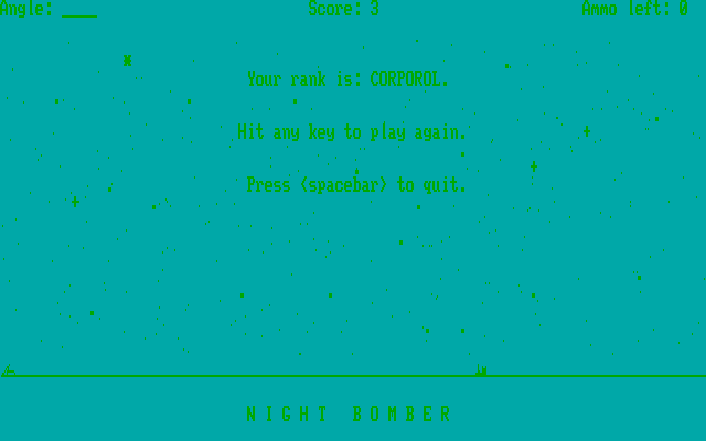 Night Bomber (DOS) screenshot: I've hit three enemy cities and now my rank is corporol.