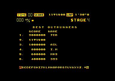 OutRun (Amstrad CPC) screenshot: Entering our score.