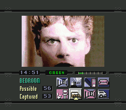 Night Trap (SEGA CD) screenshot: A dramatic close-up to one of the bad guys as his eyes turn an eerie green