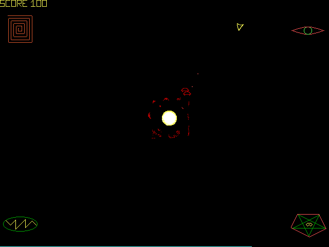 Gravitar (DOS) screenshot: Red enemy ships emerging from the sun.<br>The player's ship is yellow<br>The four world portals are in the corners