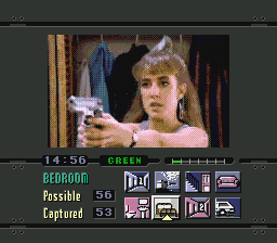 Night Trap (SEGA CD) screenshot: The undercover agent busts out her gun