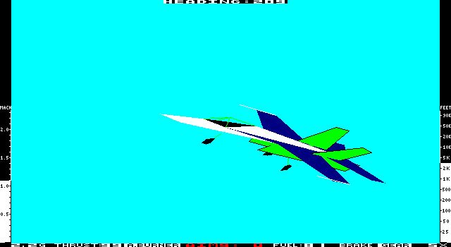 Jet: Version 2.0 (DOS) screenshot: Carrier tower flyby with gear down F18 (EGA)