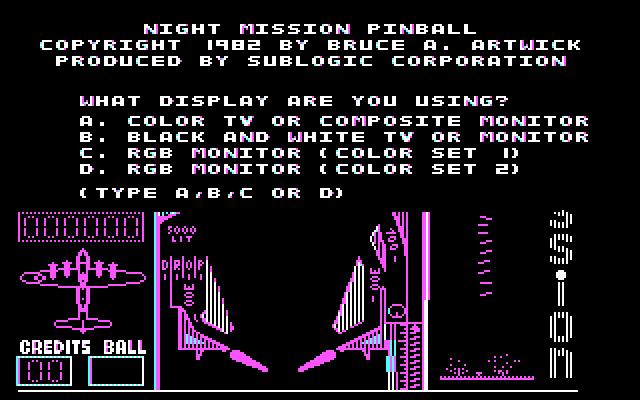 Night Mission Pinball (PC Booter) screenshot: Opening Title / Display Options