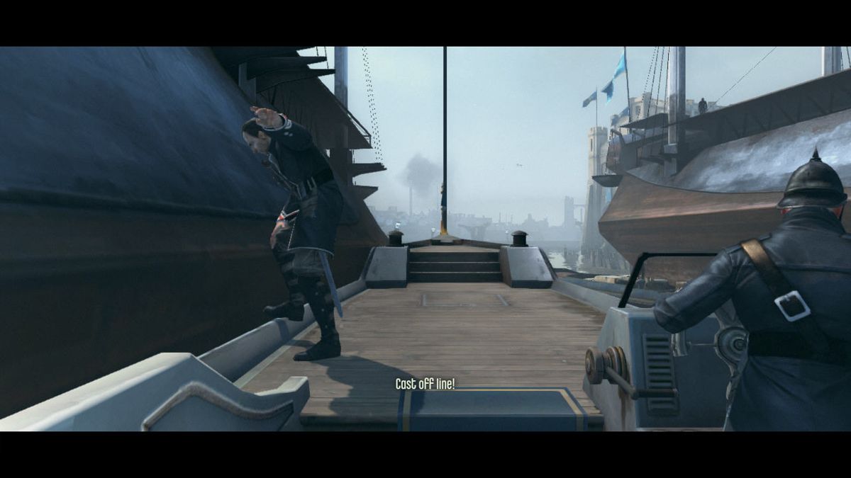 Dishonored (Windows) screenshot: Intro in a rather <i>Half-Life</i> style - Corvo rides this boat and can look around.