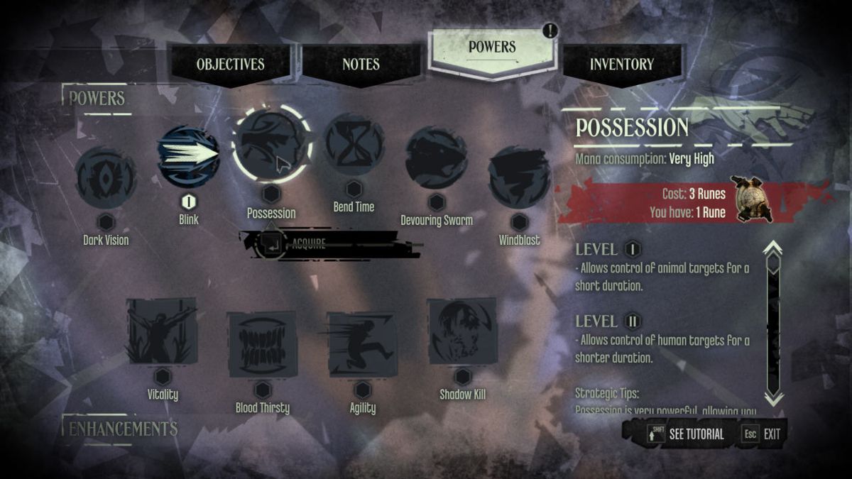 Dishonored (Windows) screenshot: This screen is for power-acquiring and RPG-like upgrades