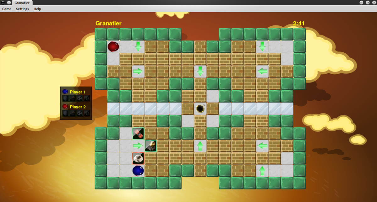 Granatier (Linux) screenshot: In the middle, the level is open to the left and right. Beware running there too fast, you will fall and die if passing the last field