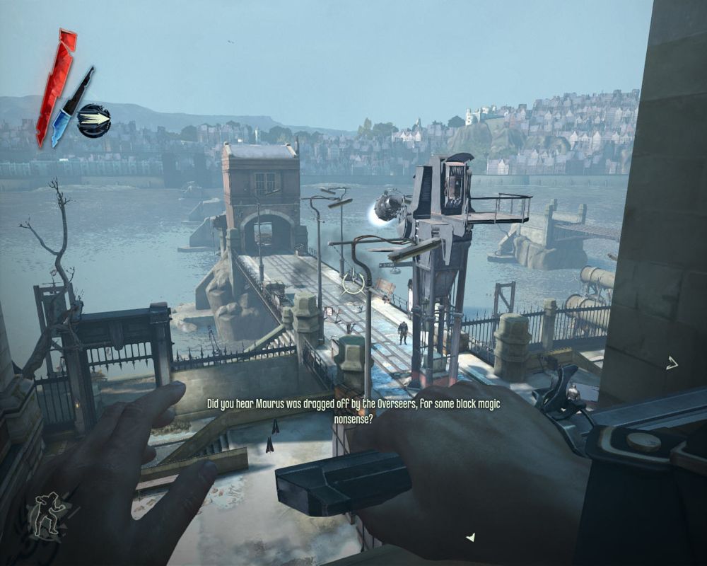 Dishonored (Windows) screenshot: I love climbing up high, taking a comfortable seat, enjoying the view, and listening to people talk to each other