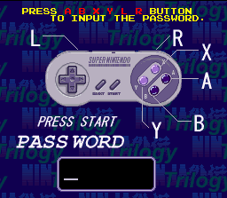 Ninja Gaiden Trilogy (SNES) screenshot: Now you can continue your current game with passwords. Only press the controller buttons to make the sequence!