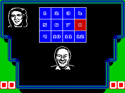 A Question of Sport (ZX Spectrum) screenshot: The first round is the picture board round. Tracey gets to go first. One of the squares is displayed in red. The player moves the active square around the grid and selects a number