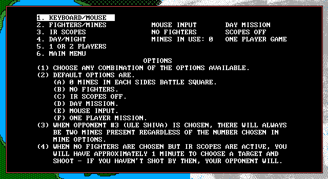 Armada (DOS) screenshot: The Main Menu's Options tab leads here. All game configuration possibilities are explained in detail
