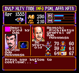 Nobunaga's Ambition: Lord of Darkness (SNES) screenshot: Viewing statistics for a general