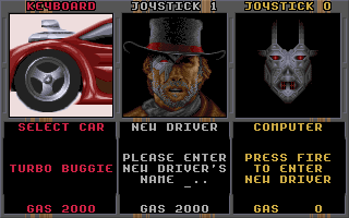 Nitro (Amiga) screenshot: Select Driver & Car