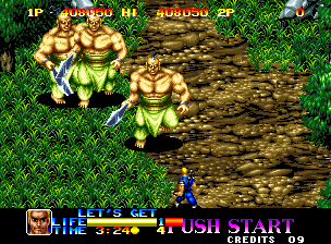 Ninja Commando (Neo Geo) screenshot: Three giant warriors with sharp shiny swords