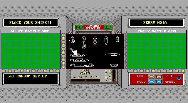 Armada (DOS) screenshot: The ship placement phase There's no 'place and rotate' function in this game. Each vessel is shown in two positions, horizontal and vertical. Placing one removes it's counterpart