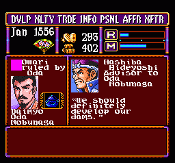Nobunaga's Ambition: Lord of Darkness (SNES) screenshot: A wise general gives you advice