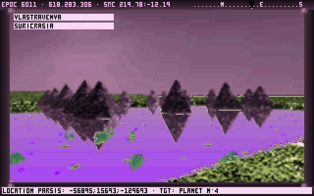 Noctis (DOS) screenshot: An artificial lake, with pyramids rising out of it