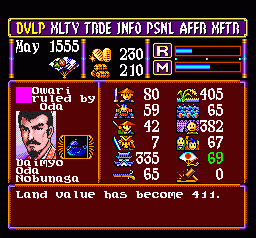 Nobunaga's Ambition: Lord of Darkness (SNES) screenshot: Investing in farming increases land value