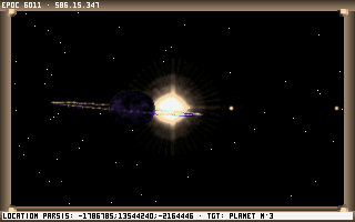 Noctis (DOS) screenshot: A ringed planet eclipses its star