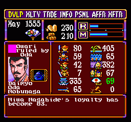 Nobunaga's Ambition: Lord of Darkness (SNES) screenshot: The volunteer gains a point of loyalty