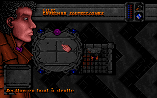 DreamWeb (DOS) screenshot: One of the few actual puzzles - most of the tasks in the game are rather simple logical actions or inventory item usage