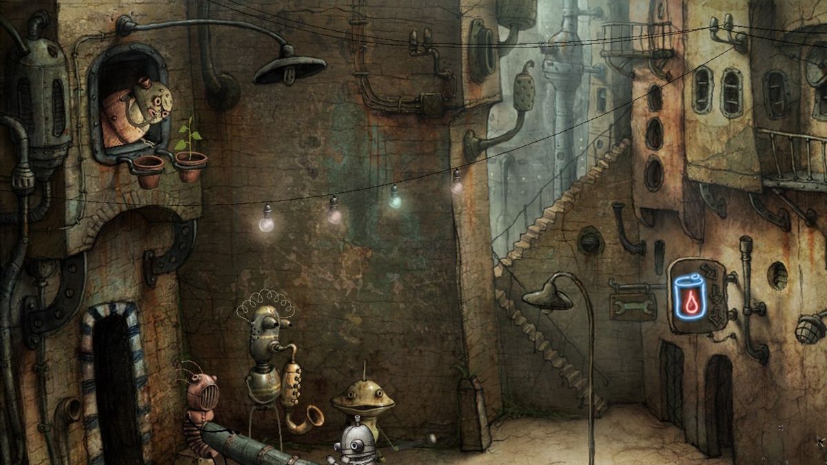 Machinarium (Android) screenshot: Local resident who like the plants may not like the musicians
