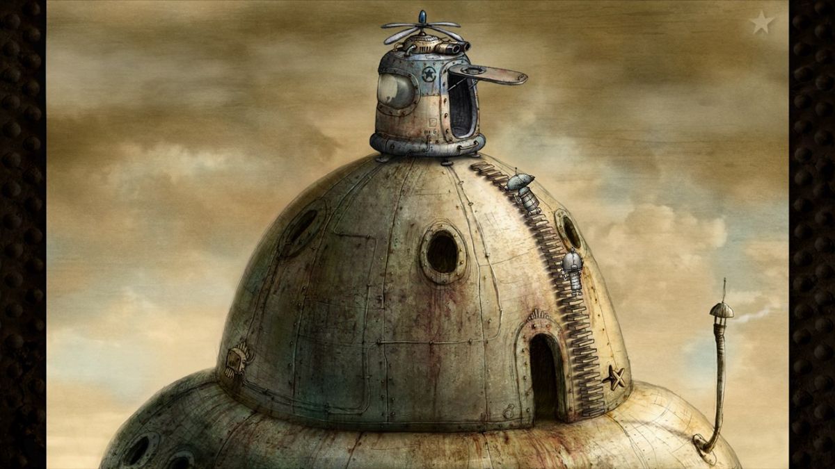 Machinarium (Android) screenshot: Climbing with a girlfriend to the police helicopter