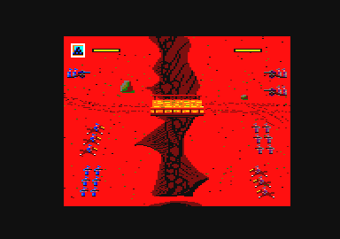North & South (Amstrad CPC) screenshot: Another battle field. If you destroy the bridge the troops can not pass it.