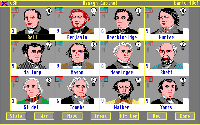 No Greater Glory: The American Civil War (Amiga) screenshot: Assign Cabinet (Confederacy)