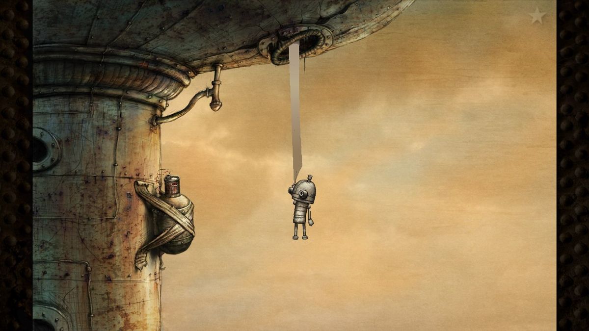 Machinarium (Android) screenshot: Reaching the bomb, while hanging on a toilet paper