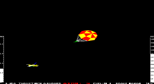Jet: Version 2.0 (DOS) screenshot: Ejection from the F16 with parachute opening (EGA)