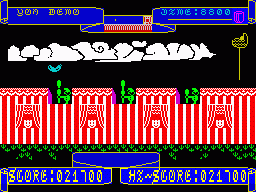 Punchy (ZX Spectrum) screenshot: Demo Screen. Note the Spectrum version of the flying sausage.