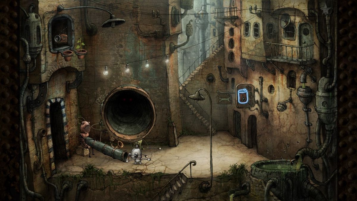 Machinarium (Android) screenshot: Who is hiding in the pipe?